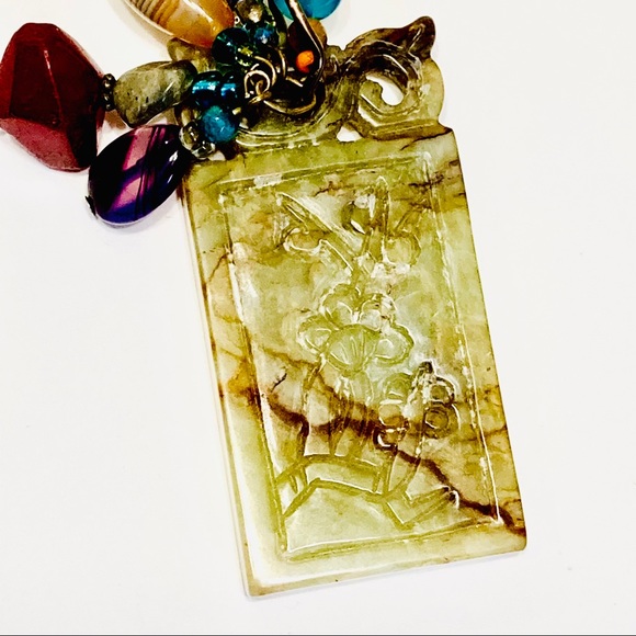 🌿Hand-carved Natural Jade Stone Necklace w/ Lapis Lazuli Onyx Gemstone Accents - Picture 14 of 15